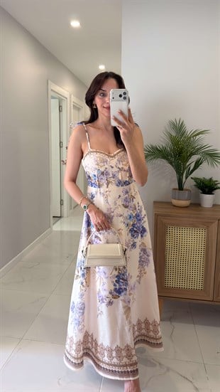 Goldes Ekru Çiçek Desenli Askılı Elbise