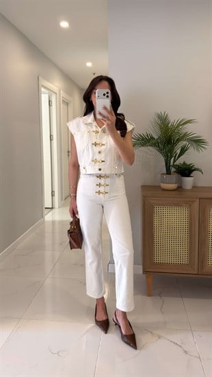 Golgiy Ekru Gold Aksesuar Detaylı Pantolon