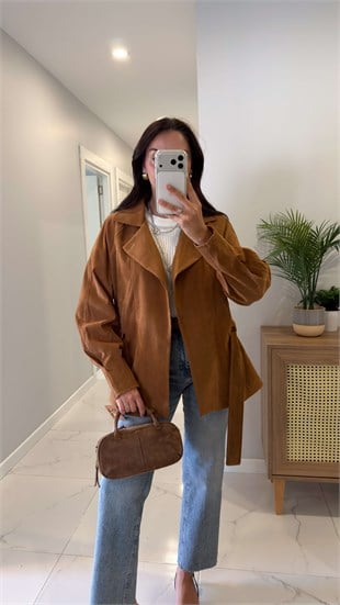 Golle Camel Reklan Kol Süet Kuşaklı Ceket