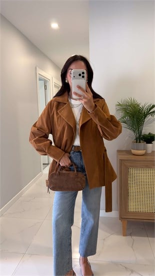 Golle Camel Reklan Kol Süet Kuşaklı Ceket
