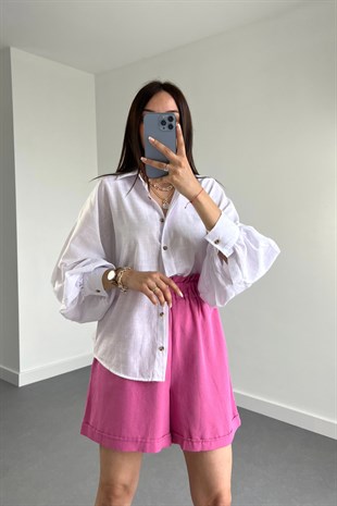 Beyaz Balon Kol Keten Gömlek