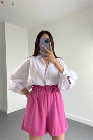 Beyaz Balon Kol Keten Gömlek