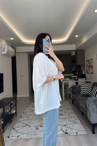 Beyaz Çizgi Detay Kısa Kol Gömlek