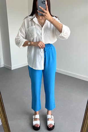 Beyaz Keten Cep İşlemeli Tasarım Gömlek