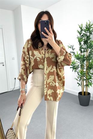 Bobi Bej-Kahve Desenli Dökümlü Gömlek
