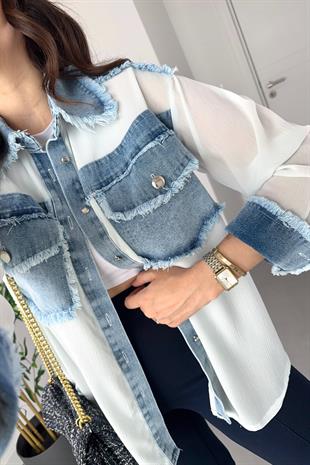 Denim Cep Detaylı Şifon Gömlek