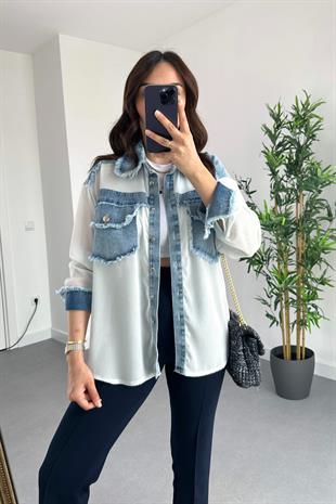 Denim Cep Detaylı Şifon Gömlek