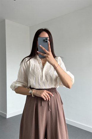 Ekru Hakim Yaka Etnik Gömlek