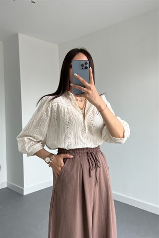 Ekru Hakim Yaka Etnik Gömlek