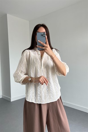 Ekru Hakim Yaka Etnik Gömlek