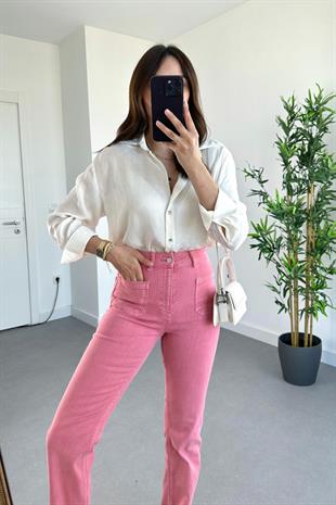 Ekru Kendinden Dokulu Çiçek Desenli Gömlek