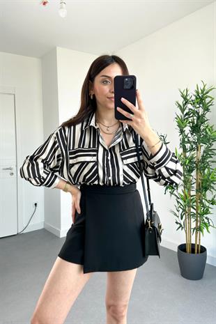 Ekru Siyah Çizgili Kapak Cepli Pamuk Saten Gömlek