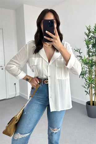 Fixxi Beyaz Cep Detaylı Gömlek