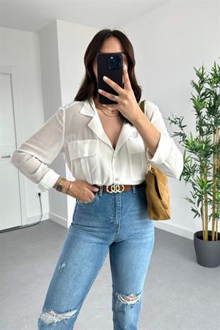 Fixxi Beyaz Cep Detaylı Gömlek