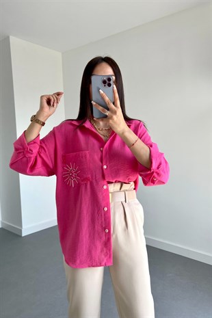 Fuşya Keten Cep İşlemeli Tasarım Gömlek
