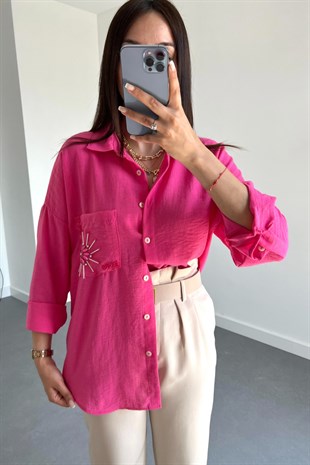 Fuşya Keten Cep İşlemeli Tasarım Gömlek