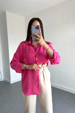 Fuşya Keten Cep İşlemeli Tasarım Gömlek