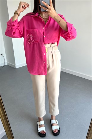 Fuşya Keten Cep İşlemeli Tasarım Gömlek