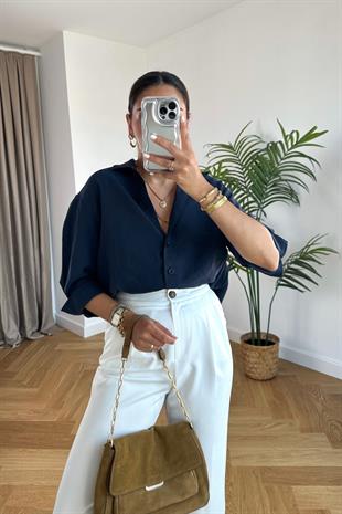 Grina Lacivert Kalın Manşet Detaylı Gömlek