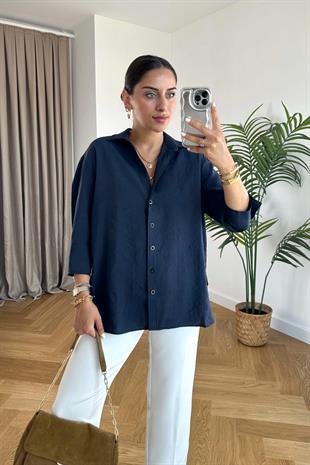 Grina Lacivert Kalın Manşet Detaylı Gömlek