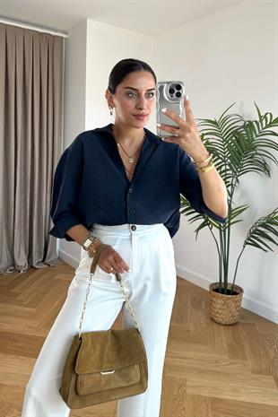 Grina Lacivert Kalın Manşet Detaylı Gömlek