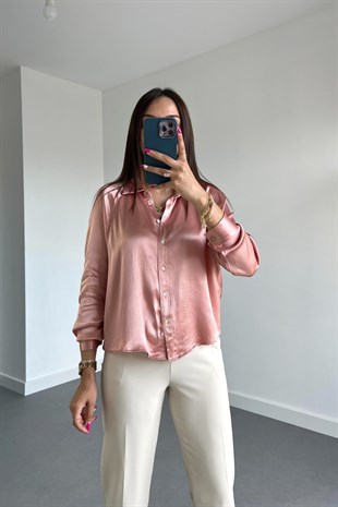Gül Kurusu Saten Dokulu Gömlek
