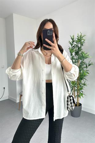 Hole Beyaz Dokulu Kumaş Gömlek