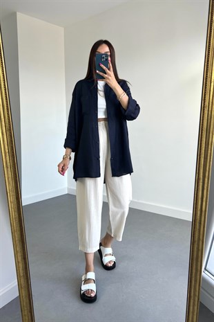 Lacivert Cep Detaylı Keten Gömlek