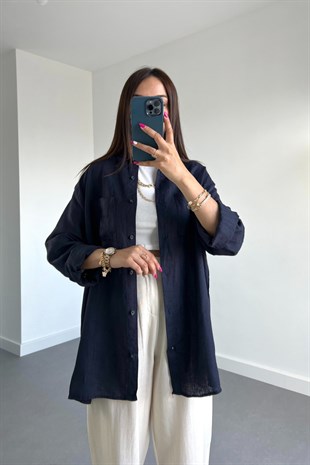 Lacivert Cep Detaylı Keten Gömlek