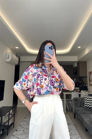 Lila Çiçekli Keten Gömlek
