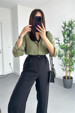 MD Haki Keten Dökümlü Gömlek