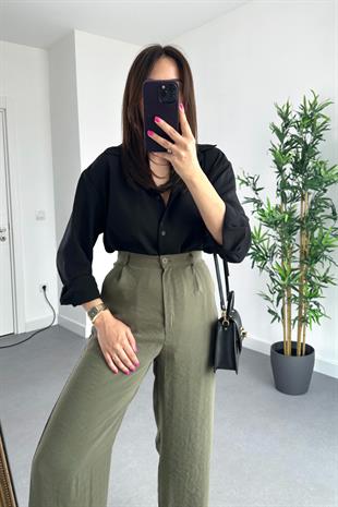 MD Siyah Keten Dökümlü Gömlek