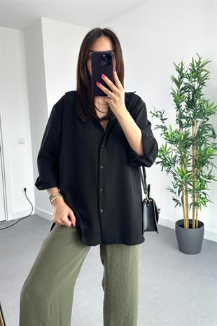 MD Siyah Keten Dökümlü Gömlek