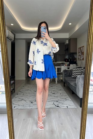 Mavi Çiçek Desenli Keten Gömlek