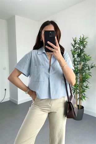 Mavi Çizgi Detaylı Cepli Bluz Gömlek