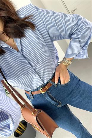 Mavi Çizgili Vatka Detaylı Gömlek