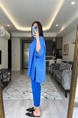 Mavi Fonex Yırtmaç Detay Gömlek