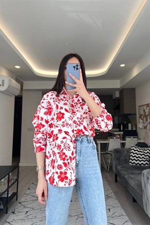 Mng Kırmızı Çiçek Desenli Gömlek