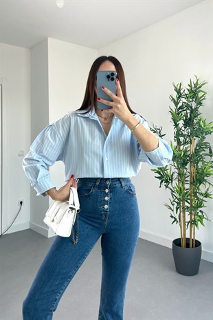 Mng Mavi Beyaz Çizgili Kalın Manşetli Gömlek