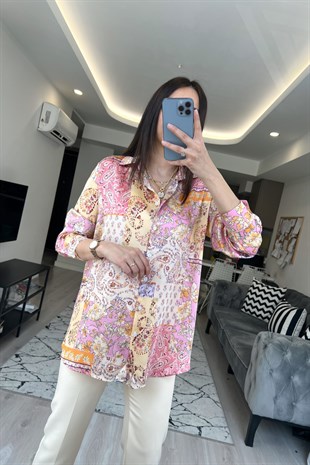 Pembe Desenli Saten Gömlek