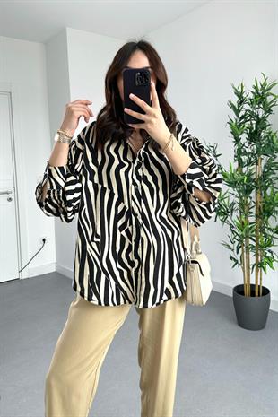 Mng Siyah Bej Desenli Gömlek