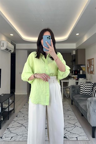Neon Yeşili Çizgili Gömlek