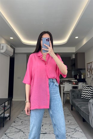 Pembe Çizgi Detay Kısa Kol Gömlek