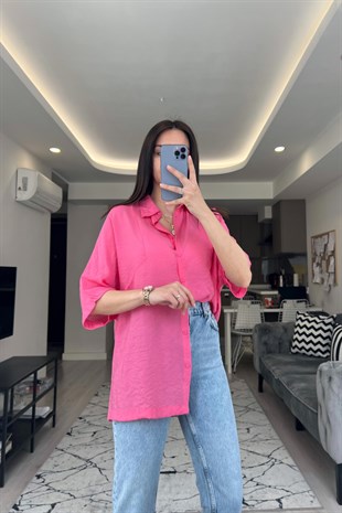 Pembe Çizgi Detay Kısa Kol Gömlek