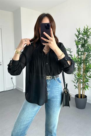 Siyah Dikiş Detaylı Şifon Gömlek