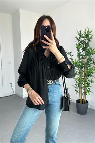 Siyah Dikiş Detaylı Şifon Gömlek