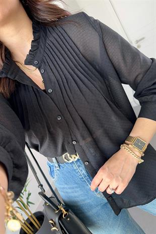 Siyah Dikiş Detaylı Şifon Gömlek