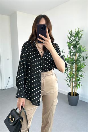 Siyah Kahve Puantiye Desenli Gömlek