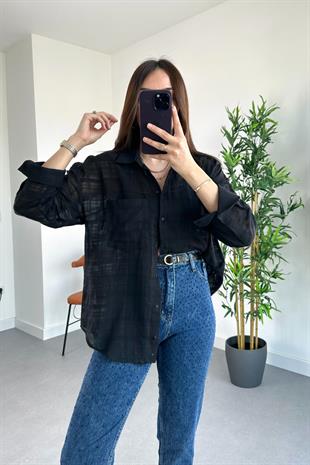 Siyah Keten Dökümlü Gömlek