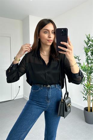 Siyah Şifon Saten Gömlek